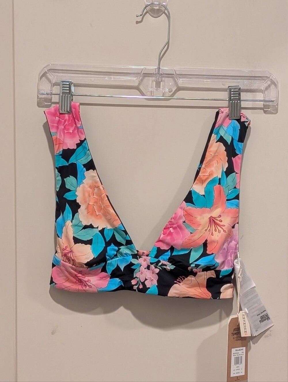 Billabong Tropic Time Rev Plun Floral Bikini Top in Black, Pink, Peach & Teal